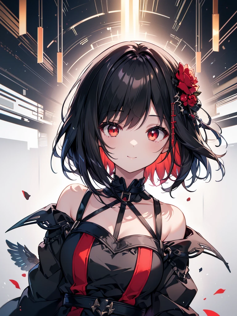 (masterpiece, highest quality, highest quality, (No text), Beautiful and aesthetic:1.2),No text,アニメ、BREAK,One Girl,Black Hair Girl short hair older sister choker Beautiful eyes Red eyes cool smile Black and Red dress Black jacket mini skirt whole body In town