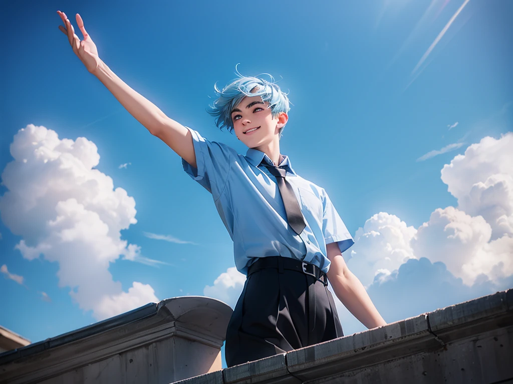 only one high school young boy, light blue hair, silver eyes, black eyebrows, school rooftop, arms outstretched, look up at the sky and smile and shout