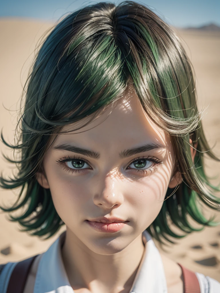 (masterpiece, best quality:1.4), (full body), 1girl, solo, outside, on a desert with sand and dust,angry face, tatsumaki, (pelvic curtain:1.2), long sleeves, black dress, (green hair), short hair, medium breasts, beautifull smile, beautiful face, highly detailed face, highly detailed eyes, highly detailed skin, skin pores, subsurface scattering, realistic pupils, full face blush, full lips, depth of field, volumetric lighting, sharp focus, absurdres, realistic proportions, good anatomy, (realistic, hyperrealistic:1.4), 16k hdr, nude