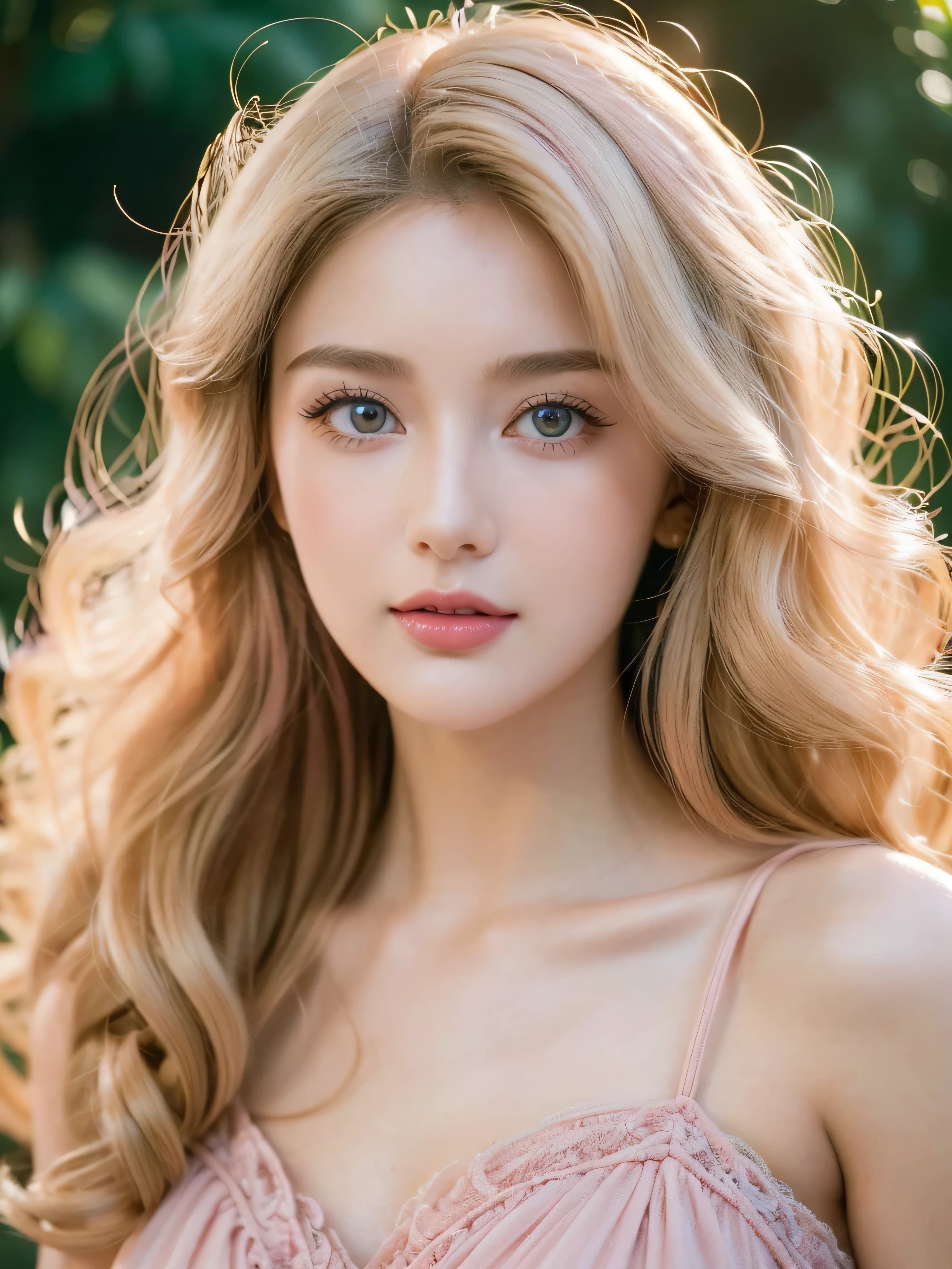(close up of a beautiful 26 year old girl in a pink vintage dress: 1.2), movie stock photos, camera f1. 6, saturated colors, Vibrant, lifelike textures, Impressive classic lighting, Modern style, sexy full body photo, Evening, Curly hair has just been dyed light blonde