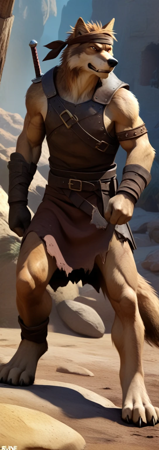 Solo anthro furry desert wolf coyote male; ancient Mediterranean desert mercenary warrior; slim mesomorph handsome model apperance; boy's messy short hair headband; sexy toned muscules; sword scars; worn out brown studded leather rusty armament. He has a worn ot dirty old short-sleeve tunic, belted with a heavy leather belt armor. on his chest he wears a heavy skimpy heavy breastplate over a tunic, a loinloth with worn-out loose desert trousers
, He has His heavy armor is old heavy brown harness with armlets studded with spikes;, he has old brown leather BFR Bands on Biceps and his thighs, he has old worn out fingerless leather gloves, shin guards, feet bondages. His heavy armor is in ruin, it is very very old and dirty, rusted, dirty, old worn out, rusty breastplate. Even though he is a handsome man, he has a sloppy appearance, has disheveled unwashed dirty fur, dirty body look. he smells, he has stains from old blood, dirt, semen, mud, smelly furr, disgusting bastard looking. Mediterranean sunny pine seacoastline pine forest; he has a proud, threatening and defiant expression on his face, with little dirty dangerous smile; He stands proudly bravely in an upright attacking position, he holds a rised up sword in his right paw, ready for incoming fight;