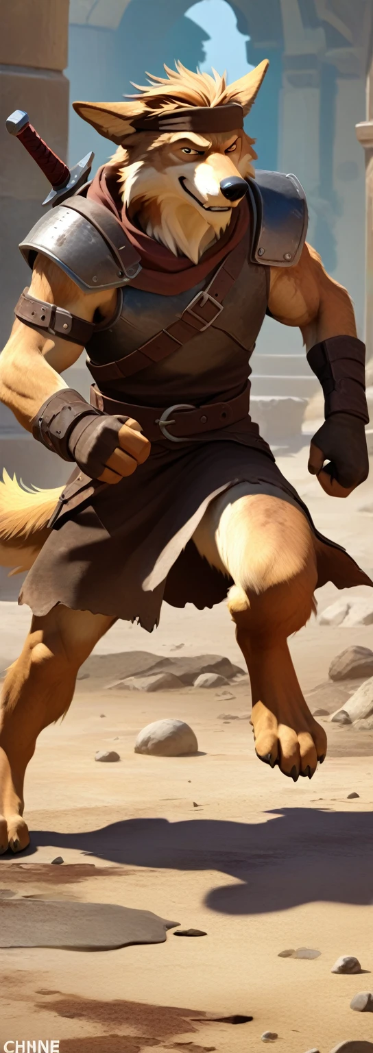 Solo anthro furry desert wolf coyote male; ancient Mediterranean desert mercenary warrior; slim mesomorph handsome model apperance; boy's messy short hair headband; sexy toned muscules; sword scars;  worn out brown studded leather rusty armament. He has a worn ot dirty old short-sleeve tunic, belted with a heavy leather belt armor. on his chest he wears a heavy skimpy heavy breastplate over a tunic, a loinloth with worn-out loose desert trousers
, He has His heavy armor is old heavy brown harness with armlets studded with spikes;,  he has old brown leather BFR Bands on Biceps and his thighs, he has old worn out fingerless leather gloves, shin guards, feet bondages. His heavy armor is in ruin, it is very very old and dirty, rusted, dirty, old worn out, rusty breastplate. Even though he is a handsome man, he has a sloppy appearance, has disheveled unwashed dirty fur, dirty body look. he smells, he has stains from old blood, dirt, semen, mud, smelly furr, disgusting bastard looking.  Mediterranean sunny pine seacoastline pine forest; he has a proud, threatening and defiant expression on his face, with little dirty dangerous smile; He stands proudly bravely in an upright attacking position, he holds a rised up sword in his right paw, ready for incoming fight; 