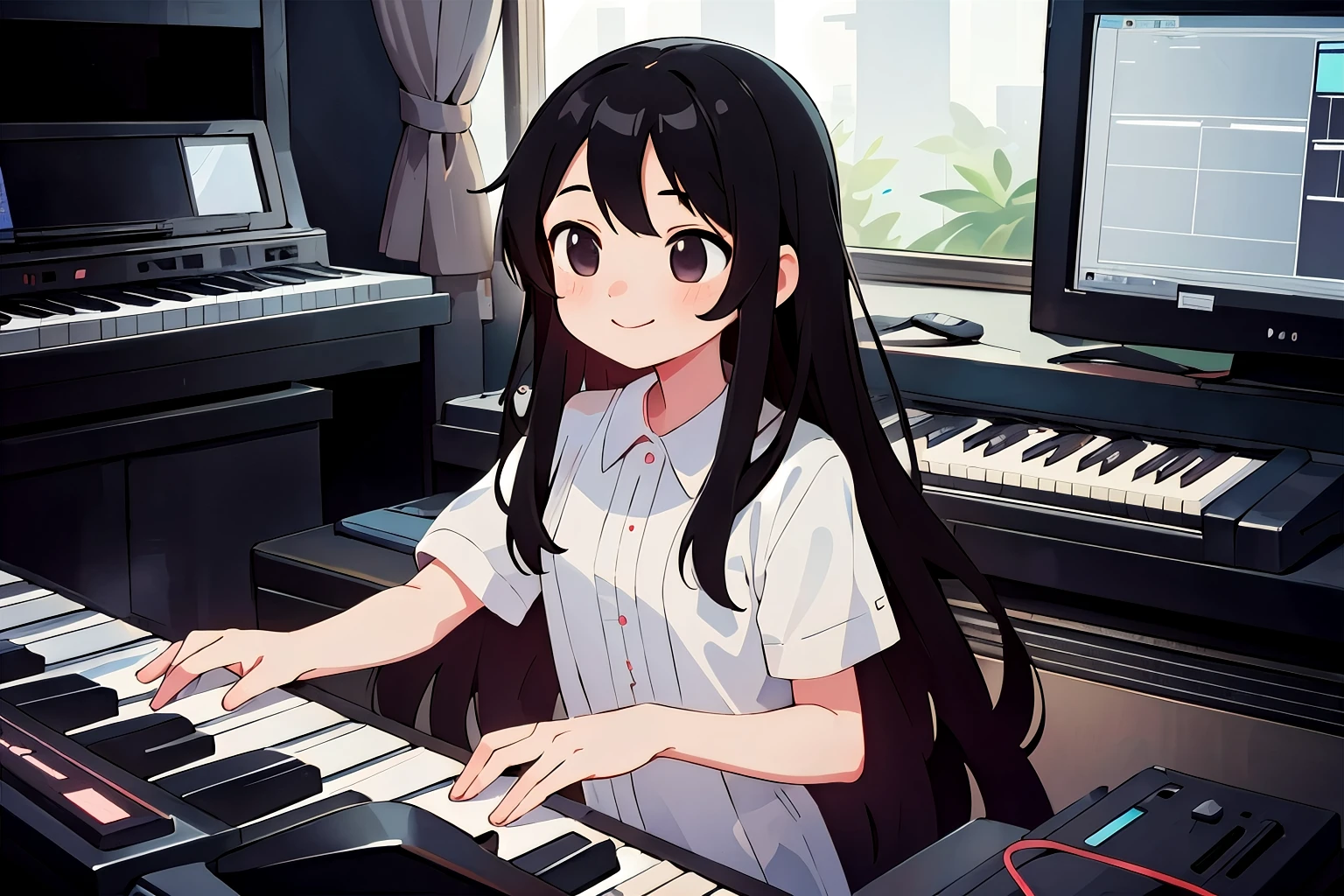 (masterpiece))), Highest quality, Highest quality, Attention to detail、Girl、Long Black Hair、Gentle smile、White dress、Playing a synthesizer