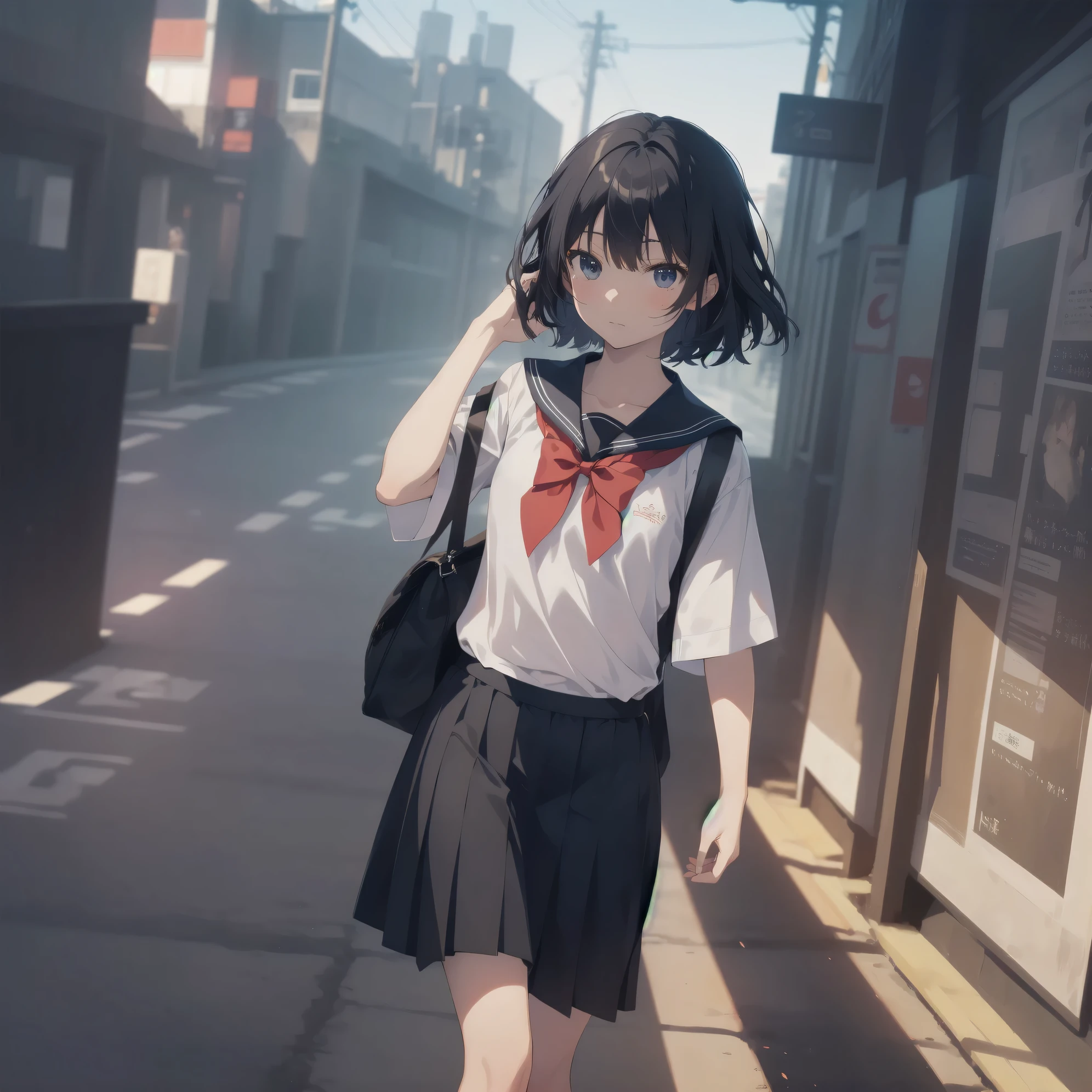 ultra-absurdres-Top quality by artist God, ultra-detailed, high resolution, anime moe artstyle, best anime 8k konachan wallpaper, pixiv contest winner, pool:2810, perfect anatomy,break, 1girl, (Please draw a girl walking sleepily to school alone. )break,(Solo,little female, 13-year-old:1.3),Full limbs, complete fingers,a junior high school student, (very short hair), short cut, flat chest, , small butt, small black eyes, beautiful detailed eyes, well-proportioned iris and pupils, expressive eyes, highres detailed hair, soft expression, salor school_uniform, sailor collar, serahuku, bow, pleated skirt,(Detailed Lighting), (Detailed background), in the School commute route. break,super detailed skin, Best cinematic lighting powered by famous artist, 8k,beauty illustration,photoshop_(medium),very aesthetic,break,((artist:nekotoufu )), artist:clamp ,artist:carnelian ,artist:kantoku ,