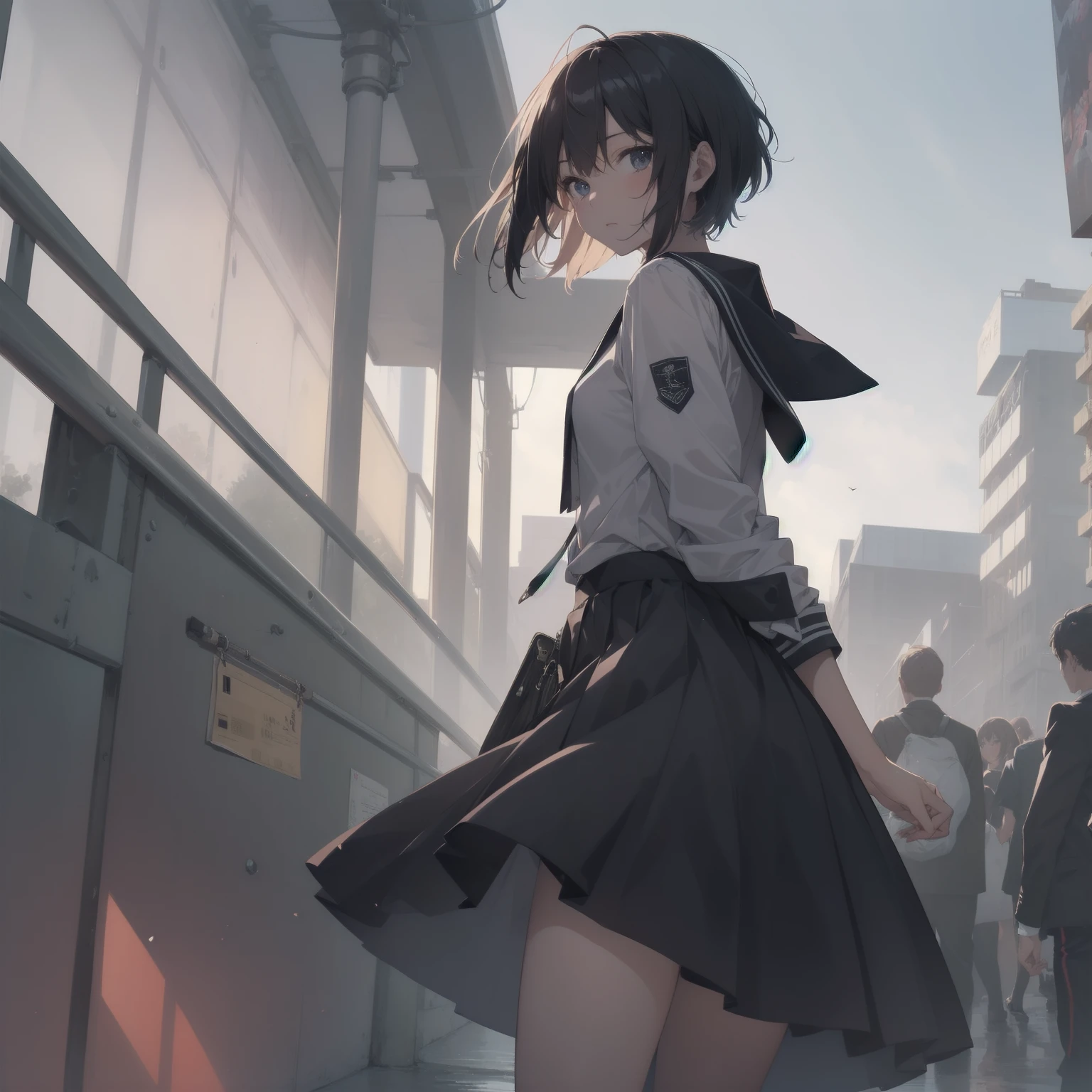 ultra-absurdres-Top quality by artist God, ultra-detailed, high resolution, anime moe artstyle, best anime 8k konachan wallpaper, pixiv contest winner, pool:2810, perfect anatomy,break, 1girl, (Please draw a girl walking sleepily to school alone. )break,(Solo,little female, 13-year-old:1.3),Full limbs, complete fingers,a junior high school student, (very short hair), short cut, flat chest, , small butt, small black eyes, beautiful detailed eyes, well-proportioned iris and pupils, expressive eyes, highres detailed hair, soft expression, salor school_uniform, sailor collar, serahuku, bow, pleated skirt,(Detailed Lighting), (Detailed background), in the School commute route. break,super detailed skin, Best cinematic lighting powered by famous artist, 8k,beauty illustration,photoshop_(medium),very aesthetic,break,((artist:nekotoufu )), artist:clamp ,artist:carnelian ,artist:kantoku ,