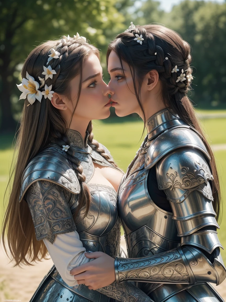 (masterpiece, best quality),(extremely intricate:1.3), (realistic), (two gorgeous and stunning girls are deeply in love with each other, kiss:1.3), 18 year old, caucasian, green eyes, perfect eyes, perfect iris, perfect pupils, perfect lips,perfect nose, perfect hands, very detailed hands, perfect fingers, black hair, short hair, straight hair, small braid in her hair, (medieval armor), metal reflections, (((white armor,))) outdoors, far away castle, (ornately decorated armor), (insanely detailed, bloom:1.5), chainmail, intense sunlight, professional photograph of a stunning woman detailed, sharp focus,  award winning, cinematic lighting, blurry background, upper body, ((confident)), (Pose:looking at the camera)