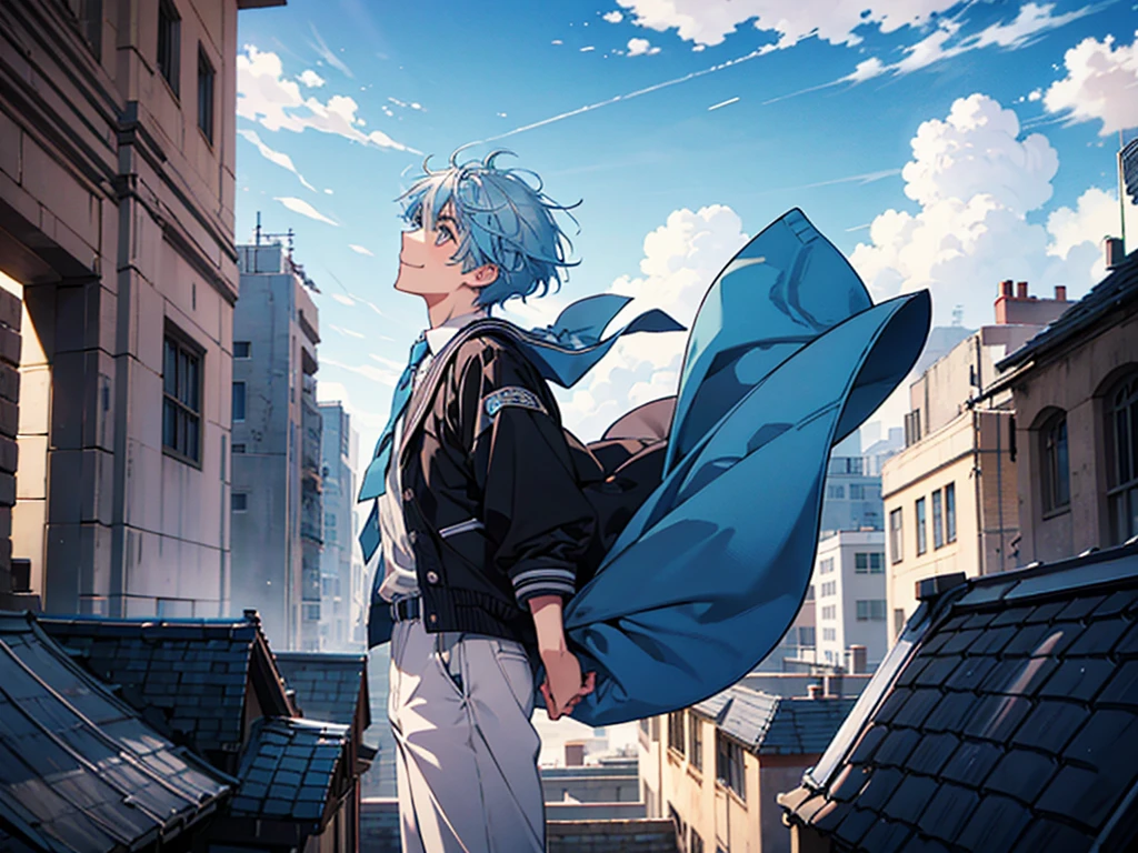 only one high school young boy, light blue hair, silver eyes, black eyebrows, school rooftop, arms outstretched, look up at the sky and smile and shout