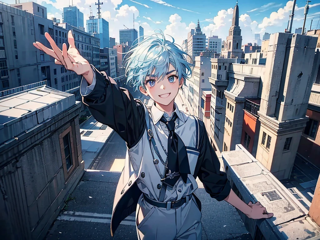 only one high school young boy, light blue hair, silver eyes, black eyebrows, school rooftop, arms outstretched, look up at the sky and smile and shout