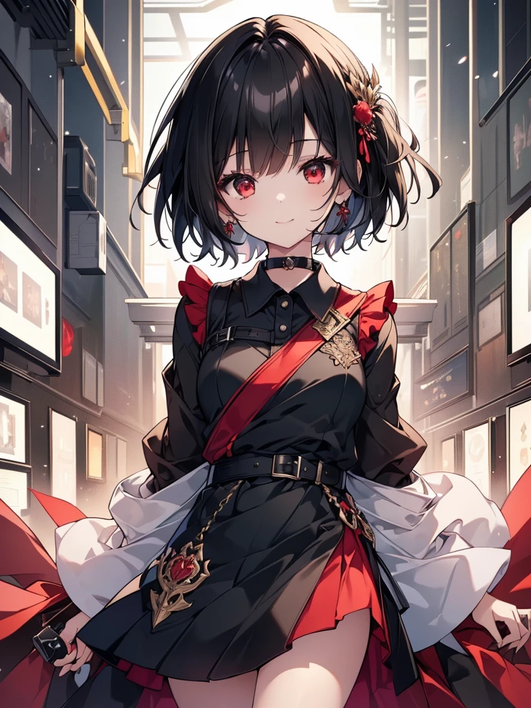(masterpiece, highest quality, highest quality, (No text), Beautiful and aesthetic:1.2),No text,アニメ、BREAK,One Girl,Black Hair Girl short hair older sister choker Beautiful eyes Red eyes cool smile Black and Red dress Black jacket mini skirt whole body In town