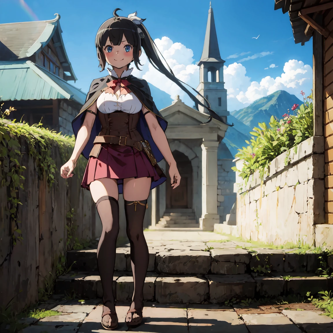 highly detailed, full body, ((1girl)), solo, smile, blush, outdoors, day, simple background, blue sky, sky, temple, looking at viewer, stairs, mountain, moody lighting, facing viewer, full body view, aamumei, very long hair, ponytail, ahoge, multicolored hair, feather hair ornament, hairclip, white shirt, brown corset, dagger, belt, red skirt, thigh strap, single kneehigh, single thighhighs, brown cloak, cape, capelet, brown bow,
