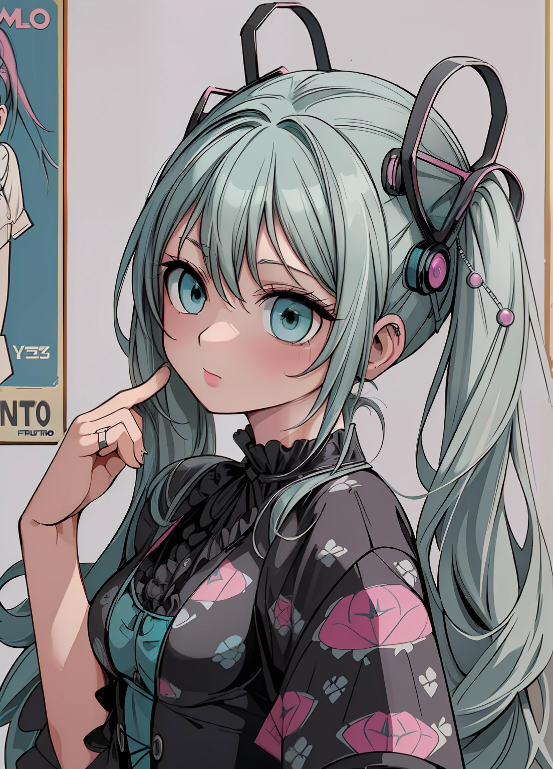 (masterpiece、Highest quality、Highest quality、Official Art、Beautiful and beautiful:1.2)、(One girl:1.3)Hatsune Miku、Twin tails,Beautiful breasts, Katsushika Hokusai, Rubber, Black corset, Close-up of three women in different clothes on a white background, Grunge Style, Grunge aesthetic !!!, Grunge aesthetic!!! (, Sexy dark style, Grunge aesthetic, Grunge Fashion, Teen Lange Punk Rock, y2k style, y2k style, Punk Style, thisset style, Gothic style, Retro aesthetic, 90s Style, Retro look,,Glossy old advertising poster, Vintage Posters, Poster Vintage, Retro Posters, enoch bolles, 1940s propaganda posters, Joseph Brant, inspired by Art Frahm, beautiful retro art, art deco poster, Vintage Posters style, Hidden Ads 