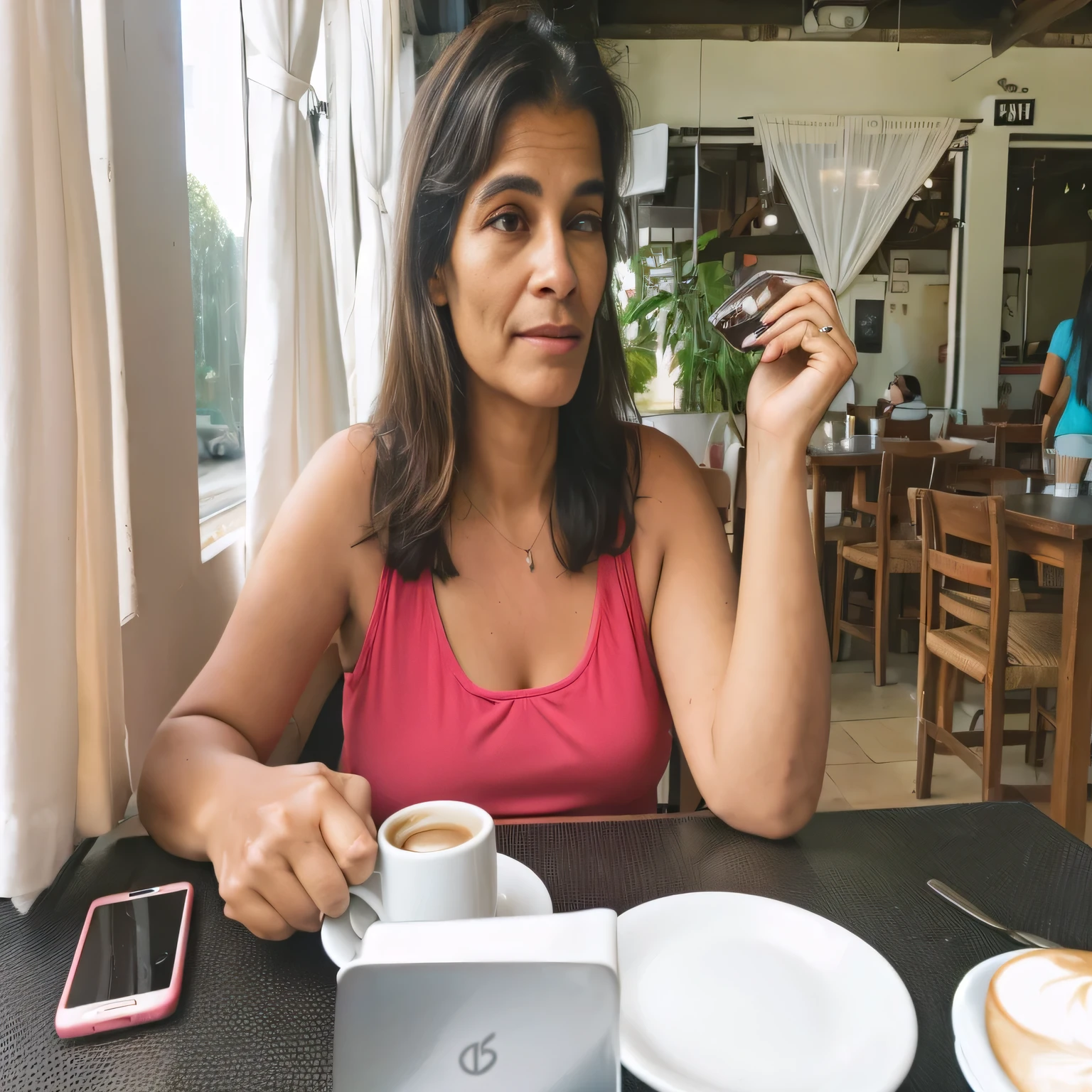 woman sitting at a table with a cup of coffee and cell phone, sitting in a cafe, 45-year-old woman from cuba, drinking coffee, woman drinking coffee, drinking a coffee, sitting at table, breakfast at las pozas, sitting in a cafe alone, in a coffee shop, sitting on a mocha-colored table, 35 year brazilian mother