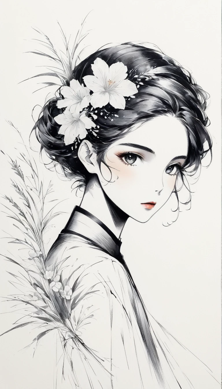 (アニメLine art:1.5),(Black and white painting:1.45),Minimalism,(Line art:1.6),sketch,charcoal drawing,mask,flower