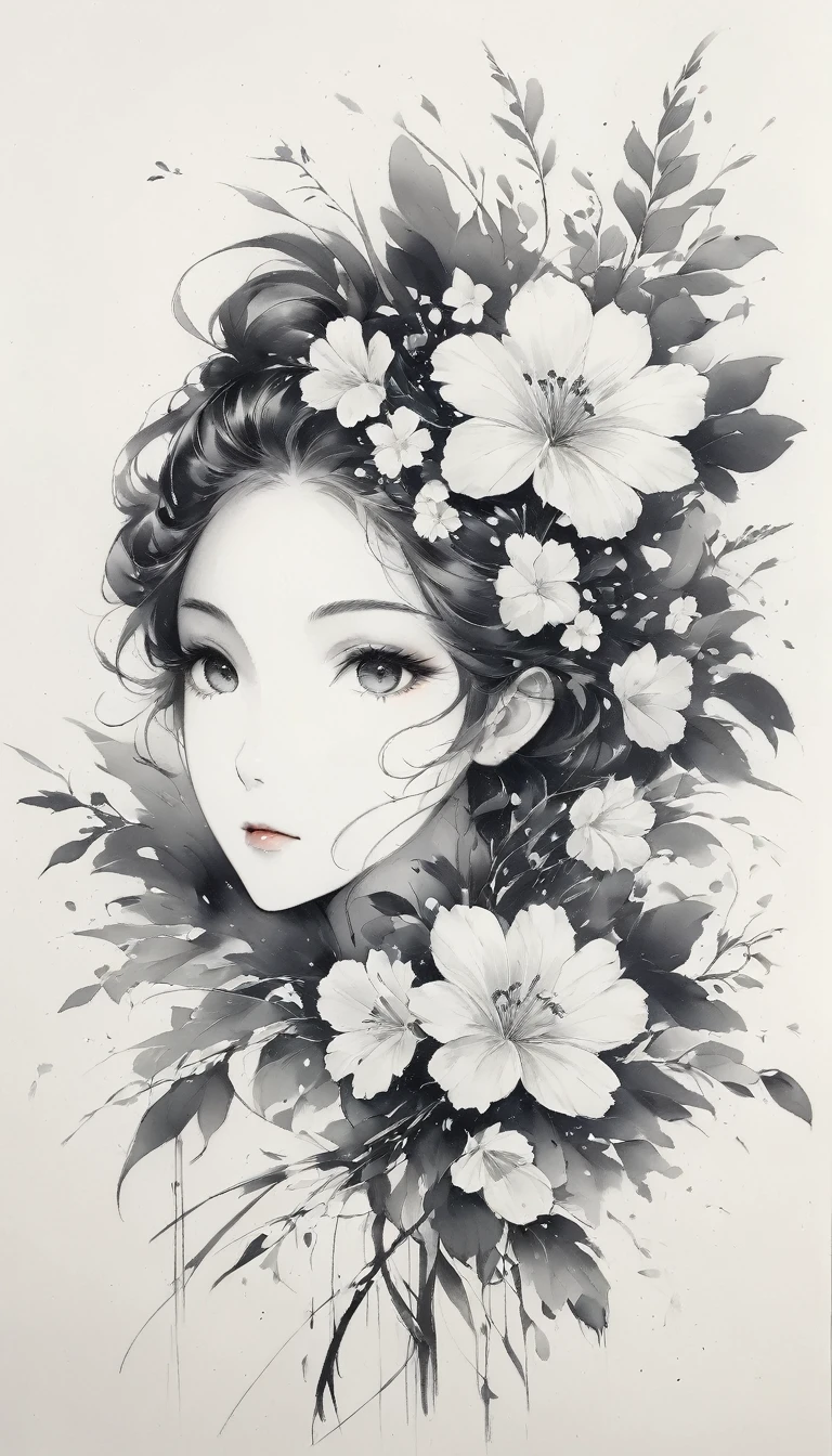 (アニメLine art:1.5),(Black and white painting:1.45),Minimalism,(Line art:1.6),sketch,charcoal drawing,mask,flower