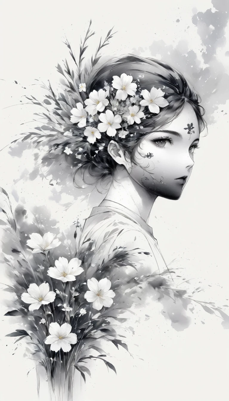 (アニメLine art:1.5),(Black and white painting:1.45),Minimalism,(Line art:1.6),sketch,charcoal drawing,mask,flower