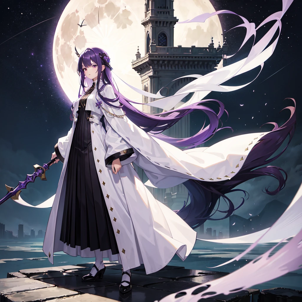 1 girl, long purple hair with bangs, purple eyes, wearing white long dress with black topcoat, black shoes, holding brown huge staff with 1 hand, standing above a tower with full moon, high res, ultrasharp, 8k, masterpiece