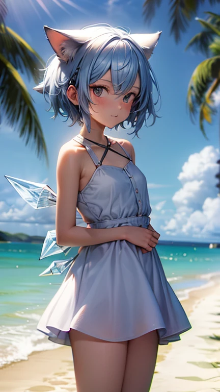 Ice Fairy,Cirno,Cat ear,mysterious,Ocean,beach,summer,Light blue dress,Pink ribbon on the chest,Blue Hair,sunlight,Ice feathers