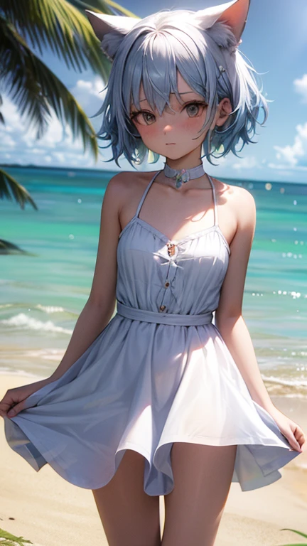 Ice Fairy,Cirno,Cat ear,mysterious,Ocean,beach,summer,Light blue dress,Pink ribbon on the chest,Blue Hair,sunlight,Ice feathers