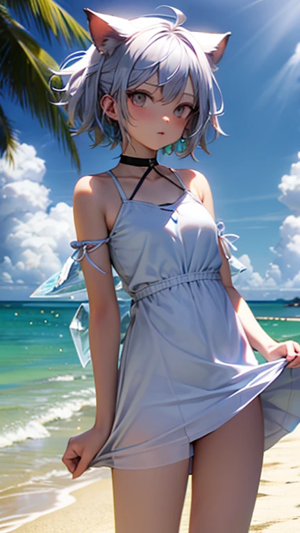 Ice Fairy,Cirno,Cat ear,mysterious,Ocean,beach,summer,Light blue dress,Pink ribbon on the chest,Blue Hair,sunlight,Ice feathers