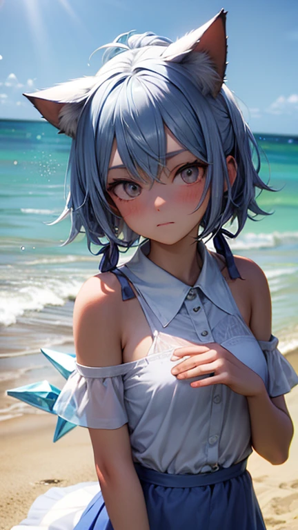 Ice Fairy,Cirno,Cat ear,mysterious,Ocean,beach,summer,Light blue dress,Pink ribbon on the chest,Blue Hair,sunlight,Ice feathers