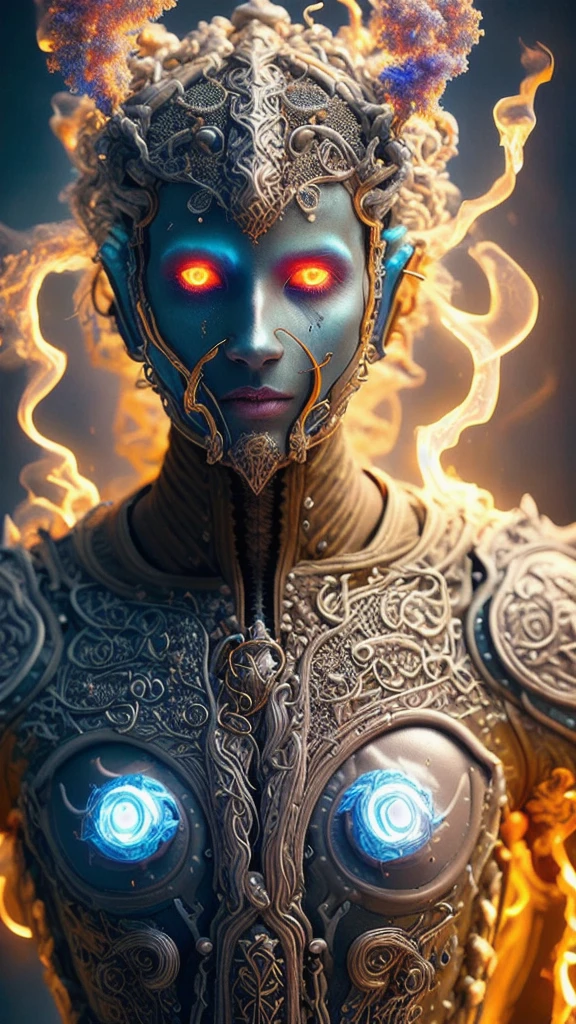 (Simic Hybrid Bard:1.2),castle ruin,Gunmetal brilliant Cream armor,Ash blonde short afro,fighting posture,photoshoot style,intricate,studio lighting,masterpiece,highly detailed,8k,best quality,fire,smoke,dramatic,eery,diabolic,ornamented,colorful,glowing pxlpshr-rumor,