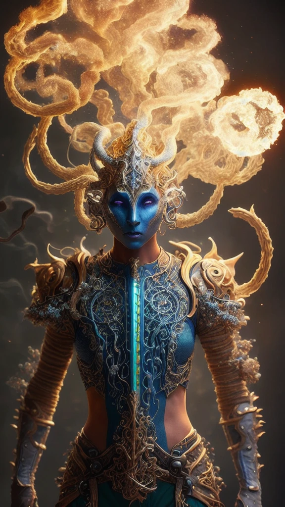 (Simic Hybrid Bard:1.2),castle ruin,Gunmetal brilliant Cream armor,Ash blonde short afro,fighting posture,photoshoot style,intricate,studio lighting,masterpiece,highly detailed,8k,best quality,fire,smoke,dramatic,eery,diabolic,ornamented,colorful,glowing pxlpshr-rumor,