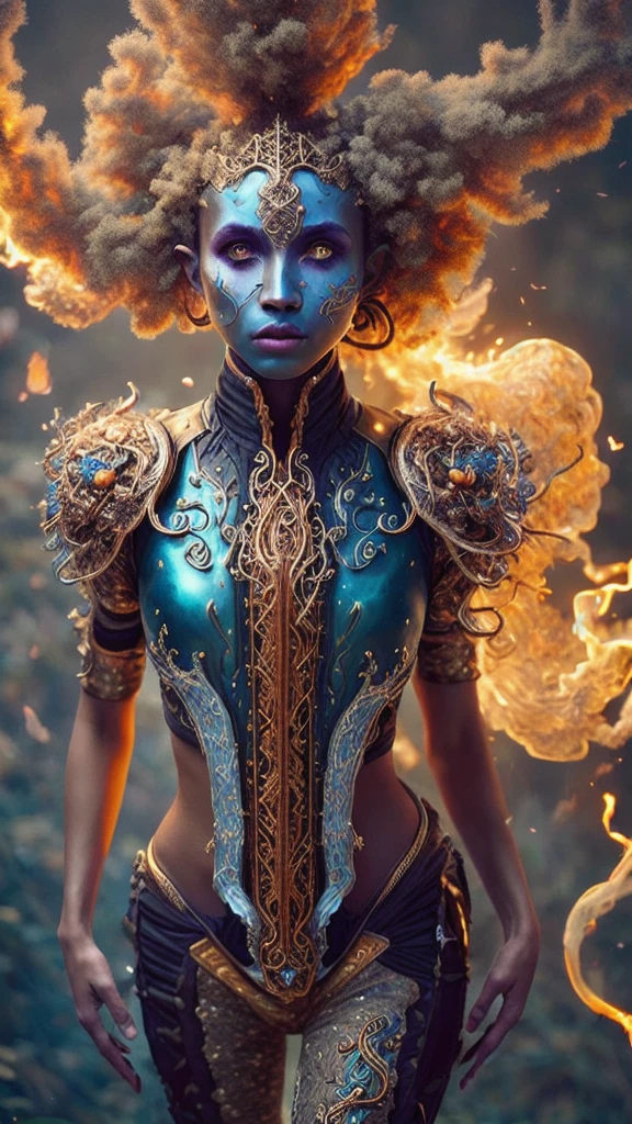 (Simic Hybrid Bard:1.2),castle ruin,Gunmetal brilliant Cream armor,Ash blonde short afro,fighting posture,photoshoot style,intricate,studio lighting,masterpiece,highly detailed,8k,best quality,fire,smoke,dramatic,eery,diabolic,ornamented,colorful,glowing pxlpshr-rumor,