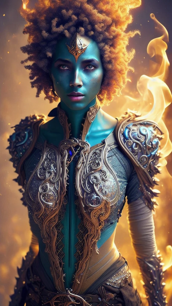 (Simic Hybrid Bard:1.2),castle ruin,Gunmetal brilliant Cream armor,Ash blonde short afro,fighting posture,photoshoot style,intricate,studio lighting,masterpiece,highly detailed,8k,best quality,fire,smoke,dramatic,eery,diabolic,ornamented,colorful,glowing pxlpshr-rumor,