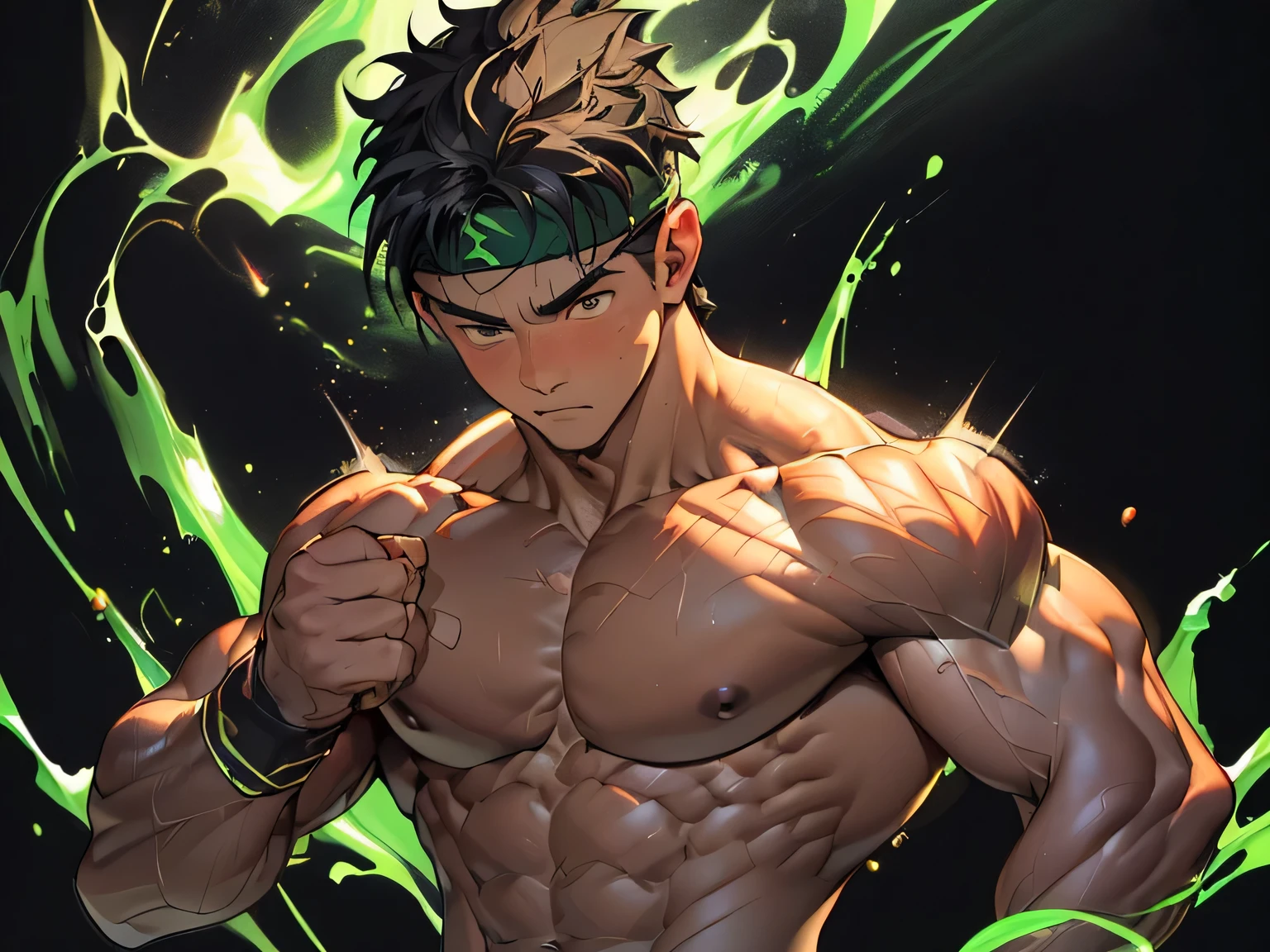 ((masterpiece, best quality)), (((((black background, deep night, upper body))))), (19 year old boy, worm eyes, Young boy, muscler, Shirtless, topless), ((((1boy, flesh, tough, reliable, developed body, blue and green aura effect, holding aura energy)))), (Dark Short straight hair, ((almost completely shaved hair)), under cut, brown eyes), (((red headband, black wristband))), Vivid colors, ((hot Abs:1.2, abs!, big abs, big breast:1.2, chest!, muscler upper arms)), muscler!, muscler body, detailed face, detailed muscle, (((rippling muscles, boxing stance, Flowing energy, giving off an aura of holy power)))