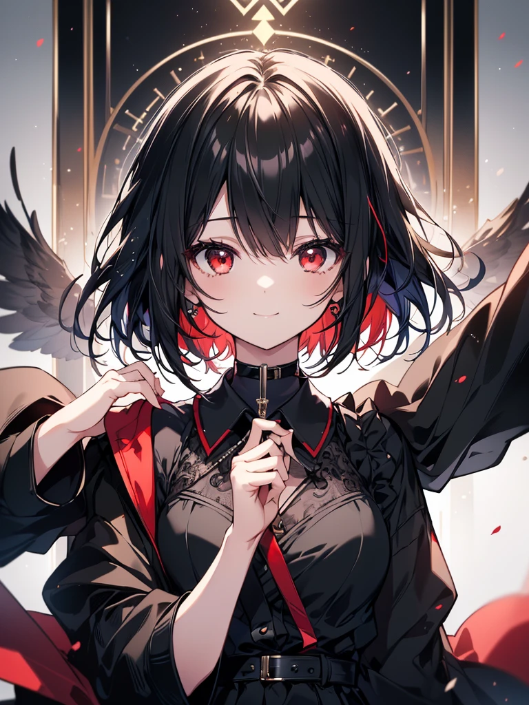 (masterpiece, highest quality, highest quality, (No text), Beautiful and aesthetic:1.2),No text,アニメ、BREAK,One Girl,Black Hair Girl short hair older sister choker Beautiful eyes Red eyes cool smile Black and Red dress Black jacket mini skirt whole body In town
