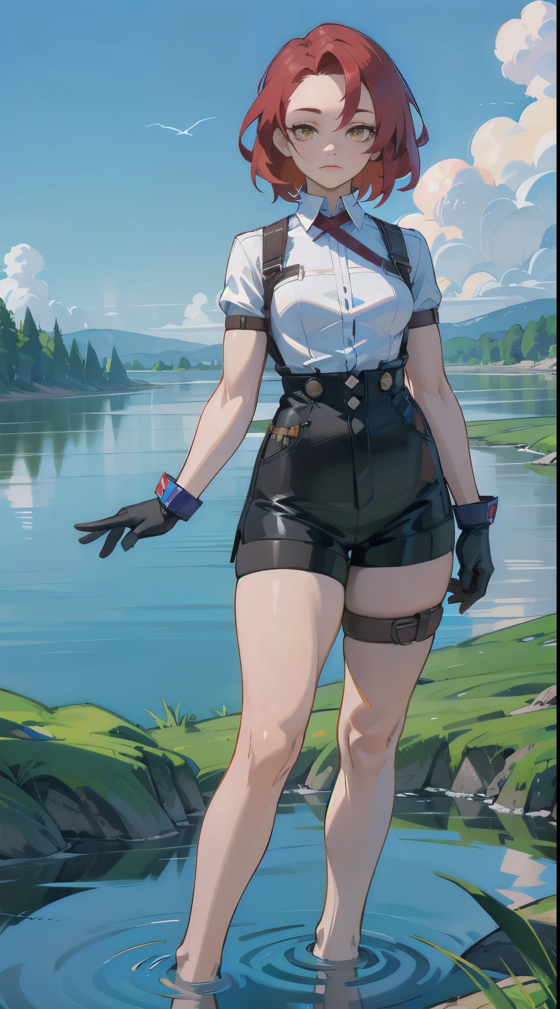 (scenery, masterpiece, best quality:1.6), no human, landscape, 8k, raw photo, absurdres, (open sky,blue sky:1.2), cloud, river, (woods, small waterfall, weeds:0.8), perspective, depth of field, HDR, sharp focus, highres, photography, realistic, highest detailed, extreme detailed, ultra detailed, finely detail1girl, young woman, solo, short hair, Small  hair, (forehead:1.2), yellow eyes, sharp ocular posture, (scarlet red hair), Athletic, muscular, medium breasts, white shirt, collared shirt, (chest harness, shoulder strap:1.15), black leather shorts, garter belt, gloves, elegant, looking at viewer, Wetting feet in the water