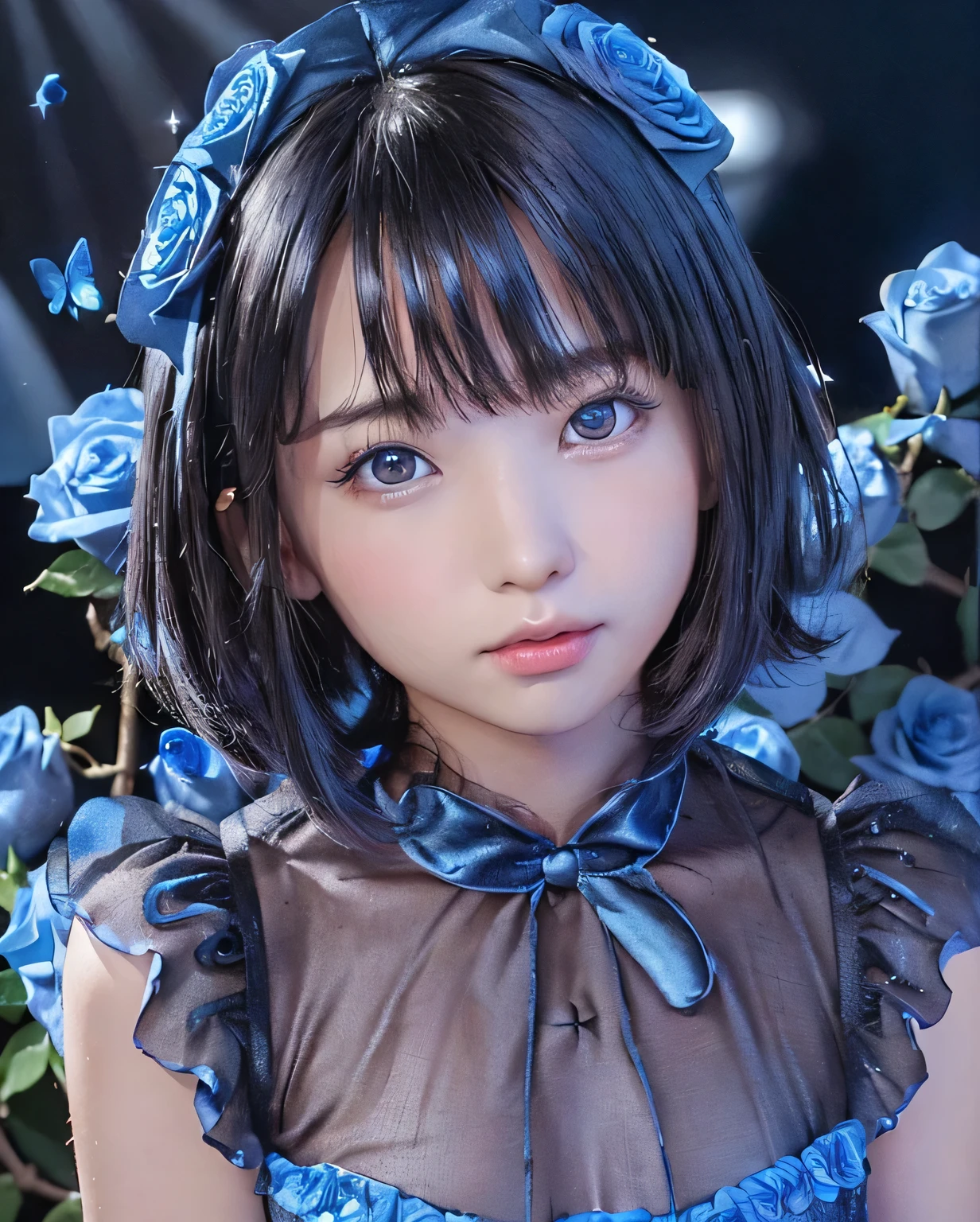 (Chiaroscuro:1.4)、8k、masterpiece、Highest quality、High resolution、Super Resolution、Very detailed、 ((Upper shot close-up)) 、(1 female、12 years old、Baby Face、slim、thin、Flat Body)、Jet black background、Blue dress with glitter、(Surrounded by glittery blue roses:1.3)、(Blue rose petals fluttering:1.3)