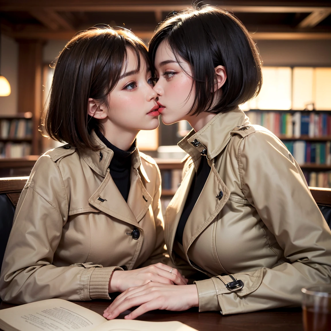 (UHD, retina, masterpiece, accurate, anatomically correct, textured skin, super detail, high details, high quality, best quality, high res, 1080P, HD, 4K, 8k, 16k), (beautiful detailed eyes, beautiful detailed lips, extremely detailed eyes and face), studio lighting, physically-based rendering, vivid colors, (large breasts, glamorous body), (beige trench coat, turtleneck sweater), (portrait, bob cut, shiny hair, shiny skin, blush), (cafe and bookstore, bokeh), eye reflection, (two stunning girls are deeply in love with each other, kiss:1.3)