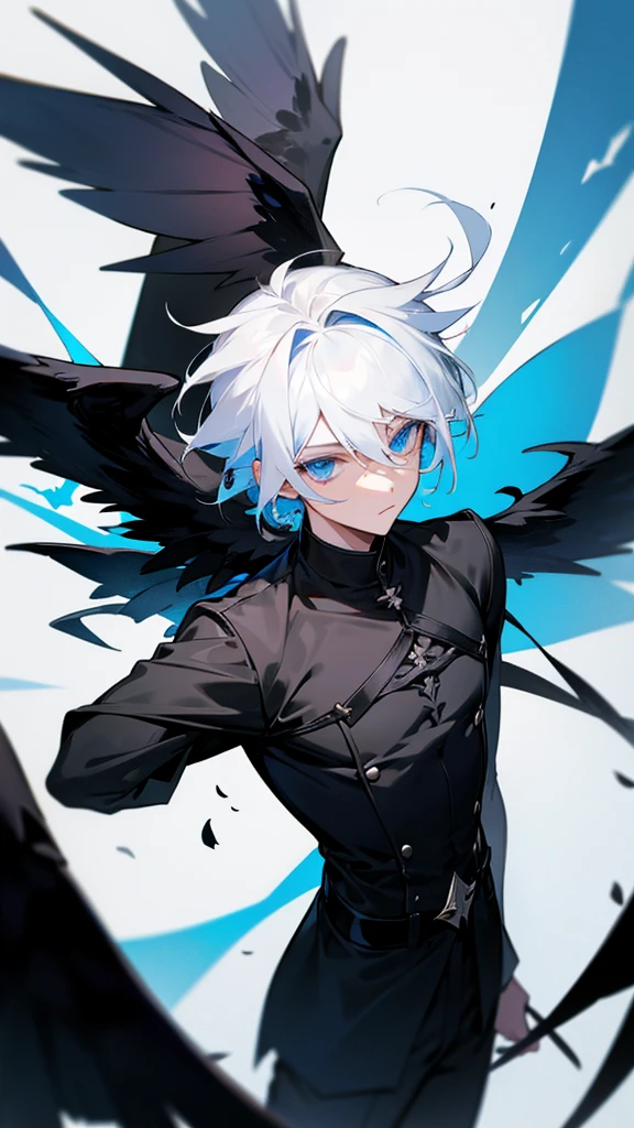 Male character white hair and blue eyes and black wings and black clothes