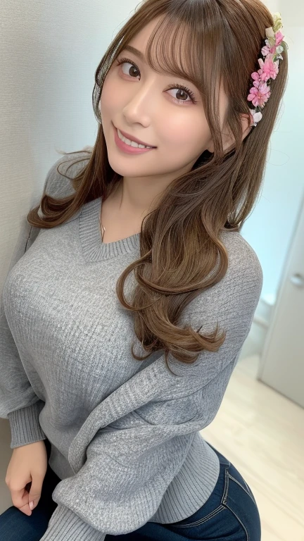 (Cowboy Shot、Highest quality、8k、Award-winning works、Ultra-high resolution)、One beautiful woman、(Perfect, The most natural grey long sleeve sweater:1.1)、(blonde:1.1)、Bright color contacts、Perfect Makeup、Bright and shiny lipstick、(Very heavy makeup:1.2)、(Deep pink around the eyes:1.1)、Beautiful bright eyeshadow、Heavy makeup around the eyes、(Huge breasts:1.2)、semi-long, Wavy Hair、(Romantic affection:1.1)、The best smile when he sees me、(Many of them emphasize the body line..:1.1)、(Strongly blurred vibrant Harajuku city background:1.1)、(Strongly blurred background:1.1)、Accurate anatomy、Ultra HD Hair、(Ultra-high resolutionの完璧な美しい歯:1.1)、Ultra-high definition beauty face、Ultra HD Hair、Ultra HD Shining Eyes、輝くUltra-high resolutionの美肌、Ultra-high resolutionの艶やかな唇