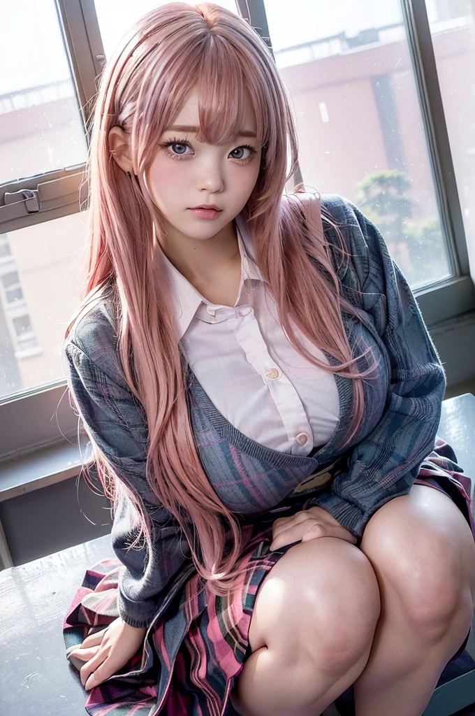 Masterpiece, best quality, NSFW, nude, naked, look at viewer, super gigantic breast, pink nipple, narrow waist, (rocket-shaped papilla), (Dip-dye hair, Curl outward hair), spread pussy, shy smile, lift up skirt, school skirt, open front sweater jacket, tie, {{night or sunset glow}}, (((pussy in full view))), Water drops from pussy, (runway, catwalk),