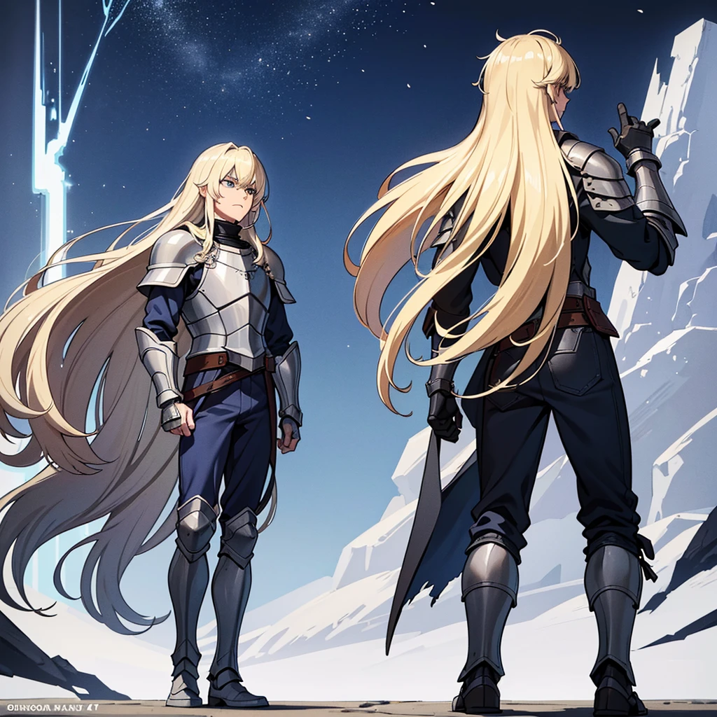(Full body character concept、10 people)、Highest quality, Best Quality, Best illustrations, (((Grey Armor)))、(((Blond long hair man、Long-haired man、male、24-years-old、Cool guy)))、(Medieval Knight)、(Navy blue trousers)、(get annoyed、Clench your teeth)、(Living in the desert)、(White background)、Run、(From the back、back view)、(attack、Deathblow、sparks)