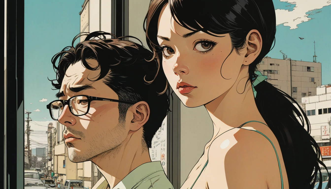 by Adrian Tomine and Yoji Shinkawa, (flawless , glossy , masterful:1.4), poster art, bold lines, hyper detailed, expressive, award winning, (scenery:1.4), (intricate details, masterpiece, best quality:1.4),
looking at viewer, dynamic pose, wide angle view, dark limited palette, dramatic lighting,