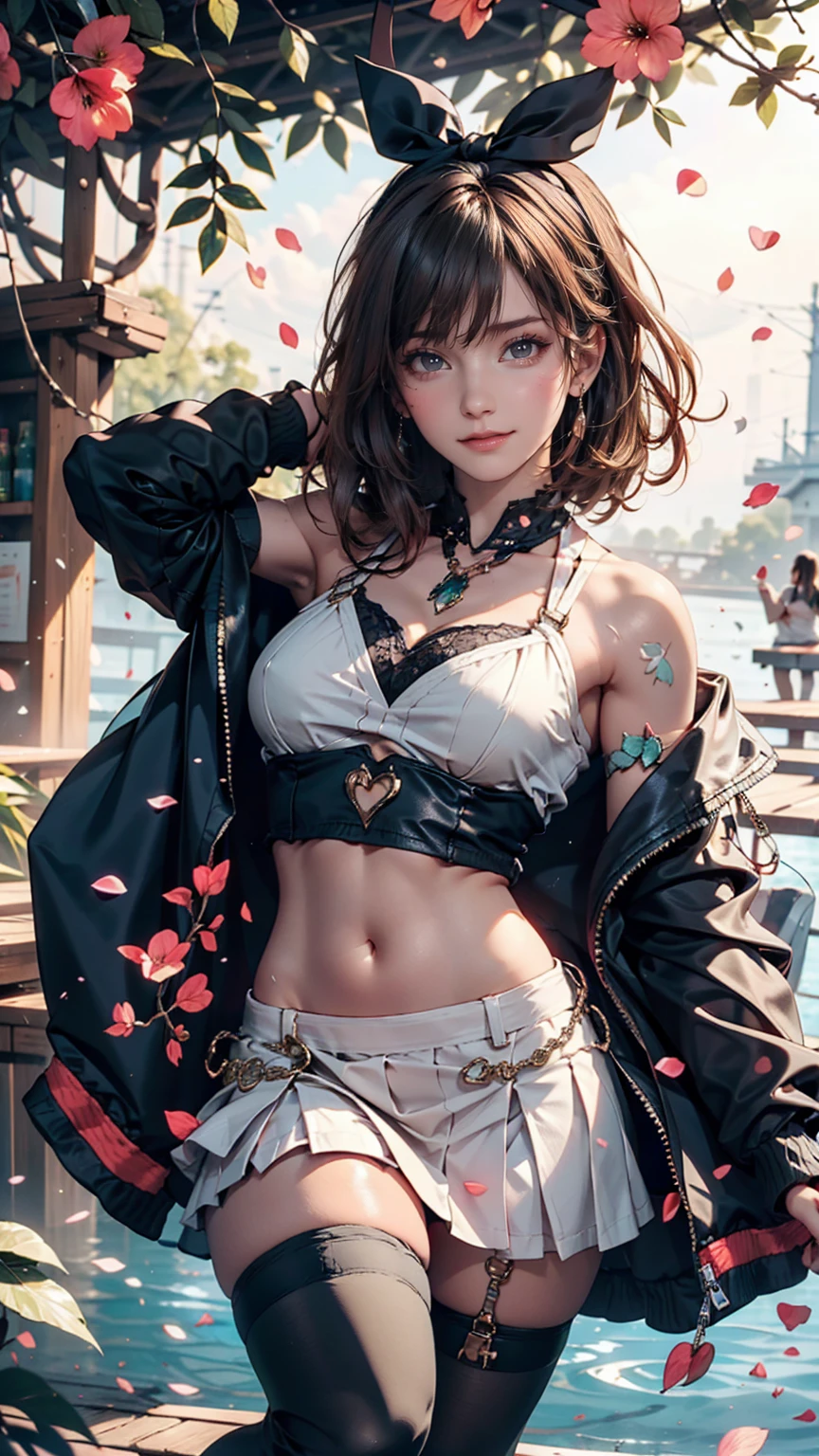 Beautiful and delicate portrait of a playful cute girl with boyish short hair, Black Hair, Emerald Green Sea, Mischievous Smile, Dancing Petals, (Highest quality, masterpiece, Ultra-realistic) Floating petals in the background、Sexy proportionidriff Jacket((midriff jacket))、Low rise mini flare skirt、High Knee Socks、sneakers、Top view、Pastel color background with shadows falling on the ground、hair band((hair ribbon))