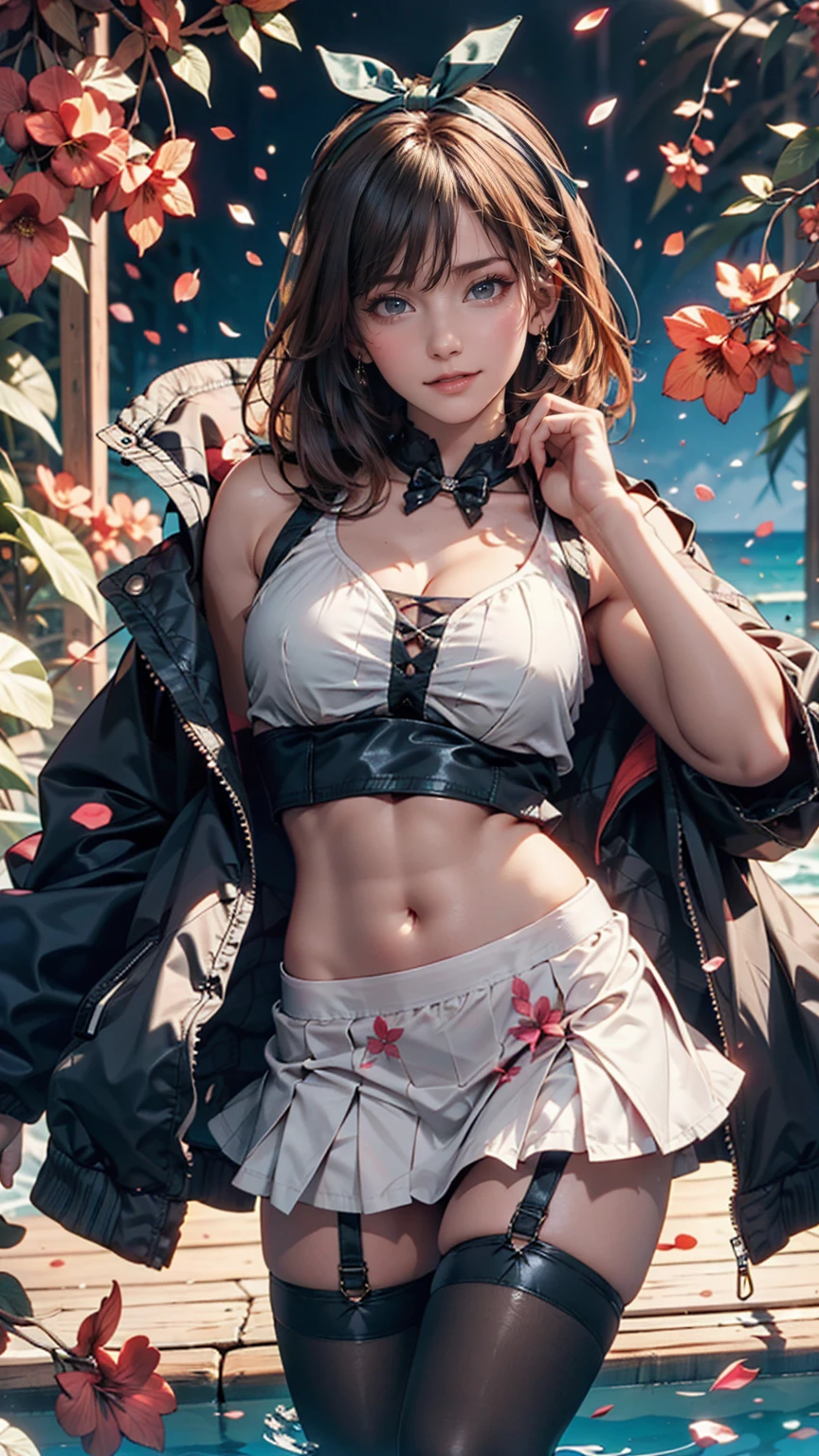 Beautiful and delicate portrait of a playful cute girl with boyish short hair, Black Hair, Emerald Green Sea, Mischievous Smile, Dancing Petals, (Highest quality, masterpiece, Ultra-realistic) Floating petals in the background、Sexy proportionidriff Jacket((midriff jacket))、Low rise mini flare skirt、High Knee Socks、sneakers、Top view、Pastel color background with shadows falling on the ground、hair band((hair ribbon))