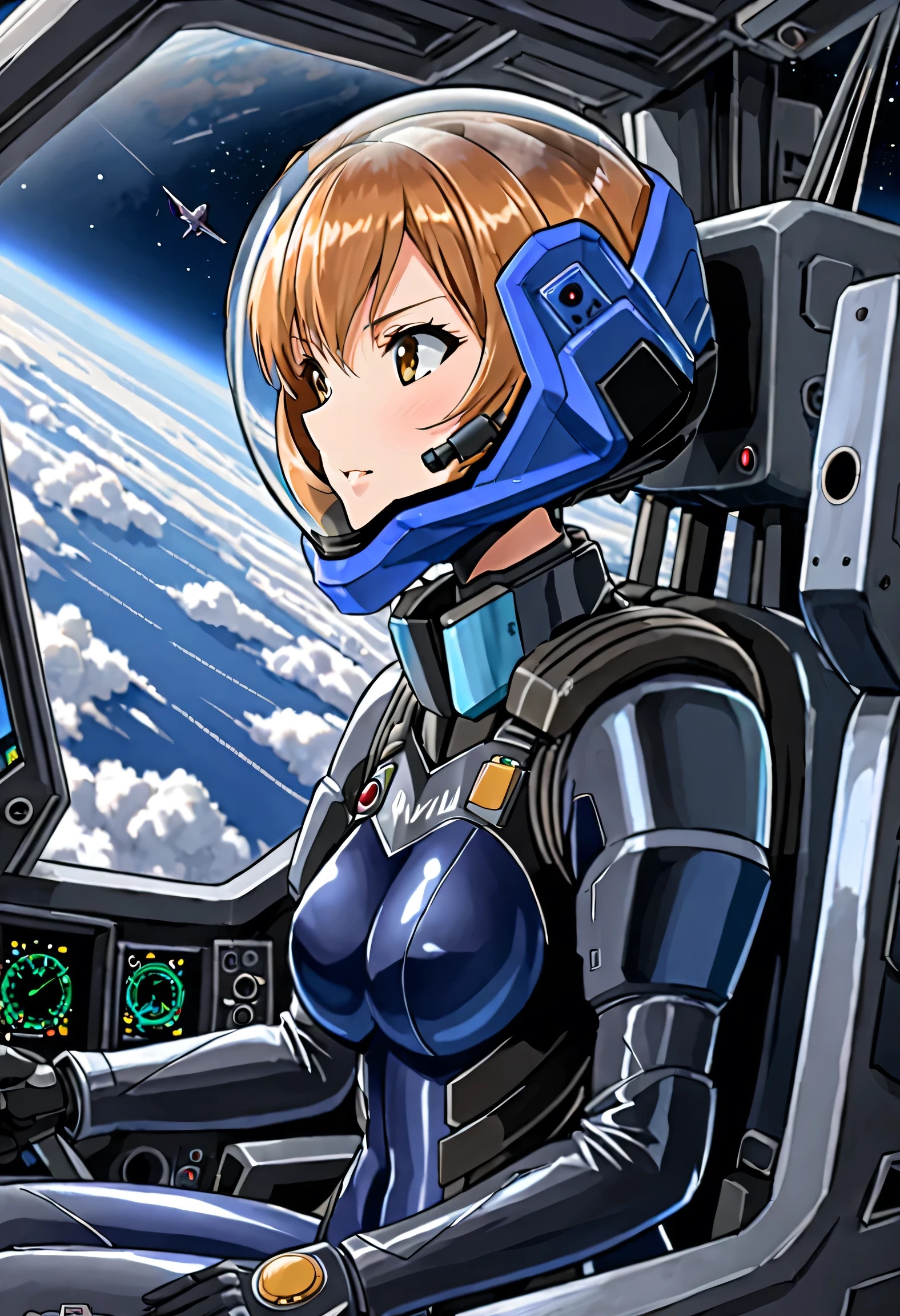 ((Female pilot in the cockpit of a reconnaissance plane), (airplane cockpit), (in flight), (10000 feet altitude)、(sky view):1.7),, short hair, eyeliner, apocalypse, girl, nside the (cockpit:1.9) of a (futuristic spaceship:1.6), , blush,sitting on a chair, covered navel, space helmet, muvluv, space helm, plug suit , space helmet, eva helm, space suit, short hair, blue bodysuit,
FROM SIDE,