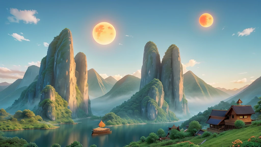  The image you’ve described depicts a traditional East Asian landscape painting. It features misty mountains with sharp peaks, some partially obscured by clouds or fog. A waterfall cascades down one of the mountains. In the foreground, there are two small boats on what appears to be a calm body of water. Birds are in flight throughout the scene, and there is an orange sun or moon hanging low in the sky, suggesting either dawn or dusk. The painting’s use of soft colors and blurred lines gives it a tranquil and ethereal quality. Đẹp
