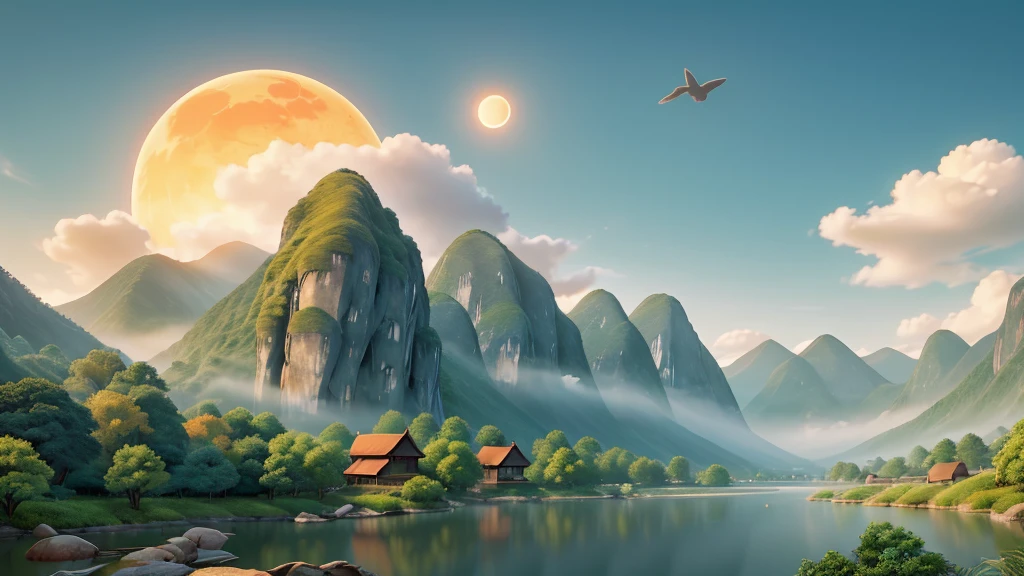 The image you’ve described depicts a traditional East Asian landscape painting. It features misty mountains with sharp peaks, some partially obscured by clouds or fog. A waterfall cascades down one of the mountains. In the foreground, there are two small boats on what appears to be a calm body of water. Birds are in flight throughout the scene, and there is an orange sun or moon hanging low in the sky, suggesting either dawn or dusk. The painting’s use of soft colors and blurred lines gives it a tranquil and ethereal quality. Đẹp
