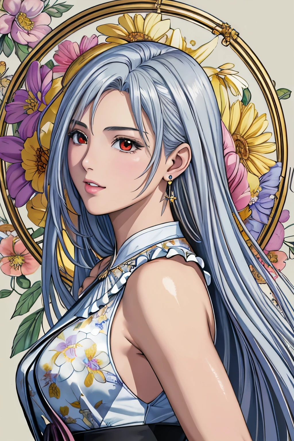 (masterpiece, top-quality, top-quality, Official art, Beautifully Aesthetic:1.2), red eyes, (highest quality, masterpiece painting:1.3), immature woman, 16 years old, (half body shot), masterpiece, ultra high resolution, (((Flower frame, A lot of flowers in the frame, round frame, A beautiful girl fits into the frame))), Decorative panel, abstract art, (shot from a side angle), (Photoreal:1.0), ((light silver hair)),straight hair, beautiful shining hair, white and shining skin, Painterly, sketch, Texture, 超A high resolution, solo, Beautuful Women, A highly detailed, (Fractal Art:1.1), (colourfull:1.1), (florals:1.6), The most detailed, (Zentangle:1.2), (Dynamic Poses), (Abstract background:1.3), (shinny skin), (Many colors:0.8), (earrings:1.4), (pluma:0.9), Taisho romance
