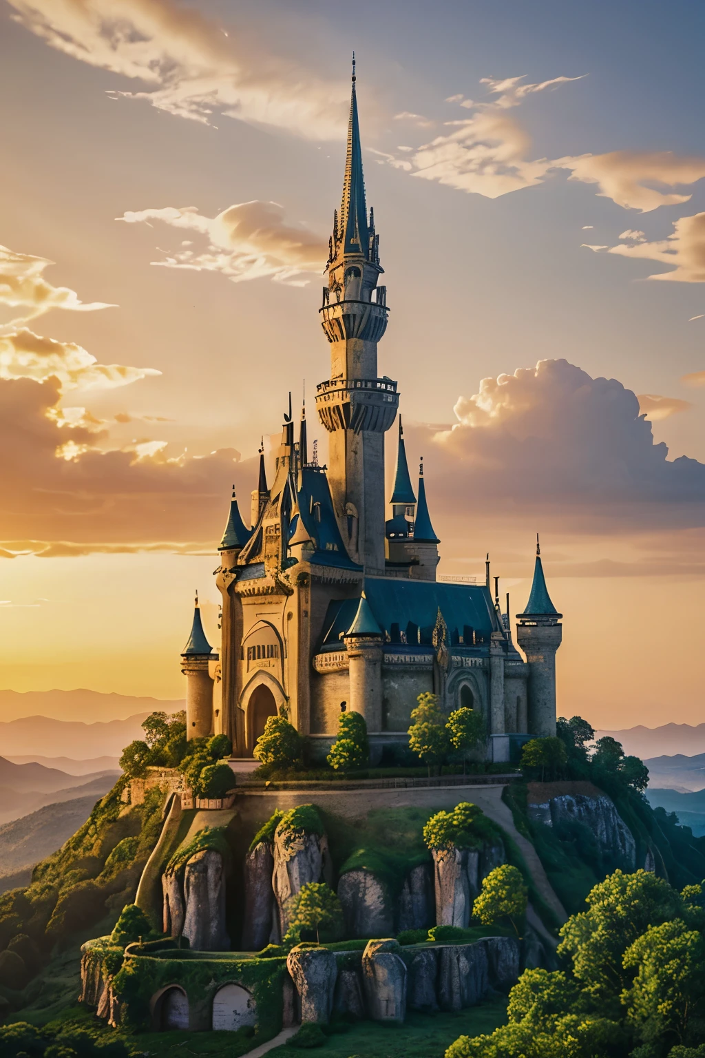 In the expansive canvas of the image, a panoramic view of a breathtaking kingdom unfolds, bathed in the golden hues of sunset. Majestic castles, their towering spires piercing the sky, stand as testaments of ancient glory. Lush gardens, vibrant with the bloom of flowers and the verdant hue of lush vegetation, carpet the landscape. The kingdom, in all its splendor, is a symphony of architecture and nature, a testament to the harmony between man and his environment.
The caption "Once upon a time, in a distant kingdom..." is elegantly etched at the top of the image, setting the scene for a timeless