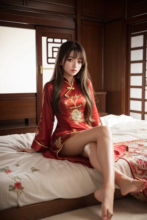 1girl, solo, long_hair, brown_hair, photoshop_(medium), dress, brown_eyes, barefoot, feet, legs, bed, chinese_clothes, china_dress, photo_(medium)