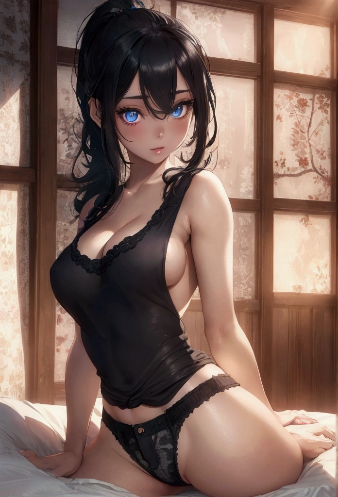 a beautiful girl with long black hair, piercing blue eyes, adult female body, sitting on the bed in a room, facing the camera, in a sexy pose, wearing hair ties, short shorts and a low-cut blouse that shows off her big breasts and ass, perky ass, ponytail (best quality, 4k, 8k, high resolution, masterpiece: 1.2), ultra-detailed, (realistic, photorealistic, photorealistic: 1.37), eyes and face extremely detailed, long eyelashes, detailed hair strands, detailed fabric textures, dramatic lighting, warm color palette