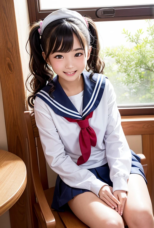 (Highest quality,masterpiece:1.3,Ultra-high resolution),(Very detailed、Caustics) (Realistic:1.4, RAW shooting)、Ultra-realistic photos、Very detailed、Natural skin texture、masterpiece、(junior high school sailor suit:1.3)、1 Japanese girl、Adorable expression、Expressions of happiness、、Young Face、Twin tails、Black Hair、Curly Hair、Scrunchie、light makeup、Busty and bursting、This photo was taken inside the cottage..、Sit on a chair、Please spread your legs wide、White panties、Shining thighs、smile、An inviting gaze、The exact number of fingers on each hand、