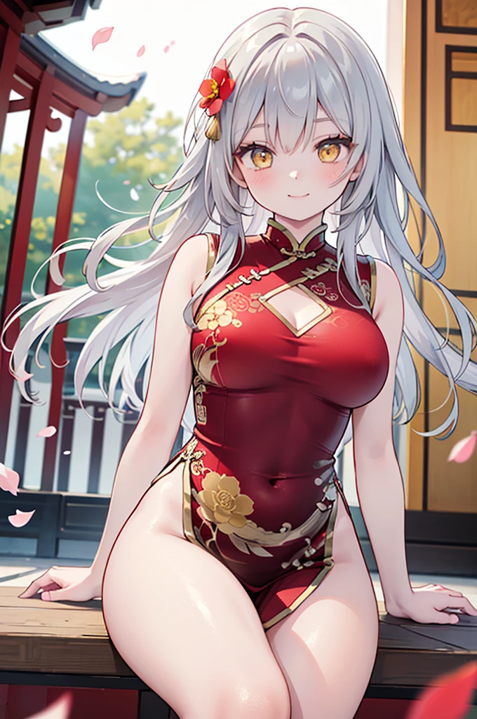 realistic image, coherent image, detailed image, 1 beautiful girl. She has silver hair, long hair. Yellow eyes, long eyelashes. Her face is oval and delicate. Smiling. She wears a red Cheongsam, side slits. She has a curvy body, medium breasts and thick thighs. Chinese temple, flower petals falling around. ambient light, volumetric light,