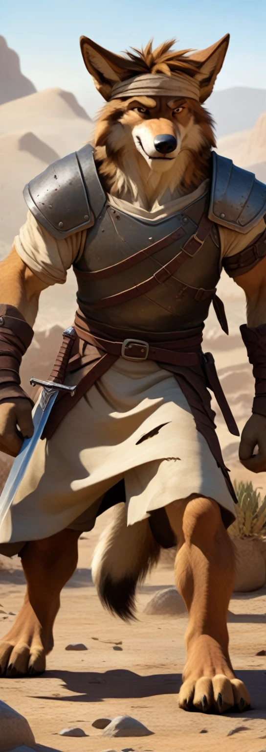 Solo anthro furry desert wolf coyote male; ancient Mediterranean desert mercenary warrior; slim mesomorph handsome model apperance; boy's messy short hair headband; sexy toned muscules; sword scars; worn out brown studded leather rusty armament. He has a worn ot dirty old short-sleeve tunic, belted with a heavy leather belt armor. on his chest he wears a heavy skimpy heavy breastplate over a tunic, a loinloth with worn-out loose desert trousers
, He has His heavy armor is old heavy brown harness with armlets studded with spikes;, he has old brown leather BFR Bands on Biceps and his thighs, he has old worn out fingerless leather gloves, shin guards, feet bondages. His heavy armor is in ruin, it is very very old and dirty, rusted, dirty, old worn out, rusty breastplate. Even though he is a handsome man, he has a sloppy appearance, has disheveled unwashed dirty fur, dirty body look. he smells, he has stains from old blood, dirt, semen, mud, smelly furr, disgusting bastard looking. Mediterranean sunny pine seacoastline pine forest; he has a proud, threatening and defiant expression on his face, with little dirty dangerous smile; He stands proudly bravely in an upright attacking position, he holds a rised up sword in his right paw, ready for incoming fight;